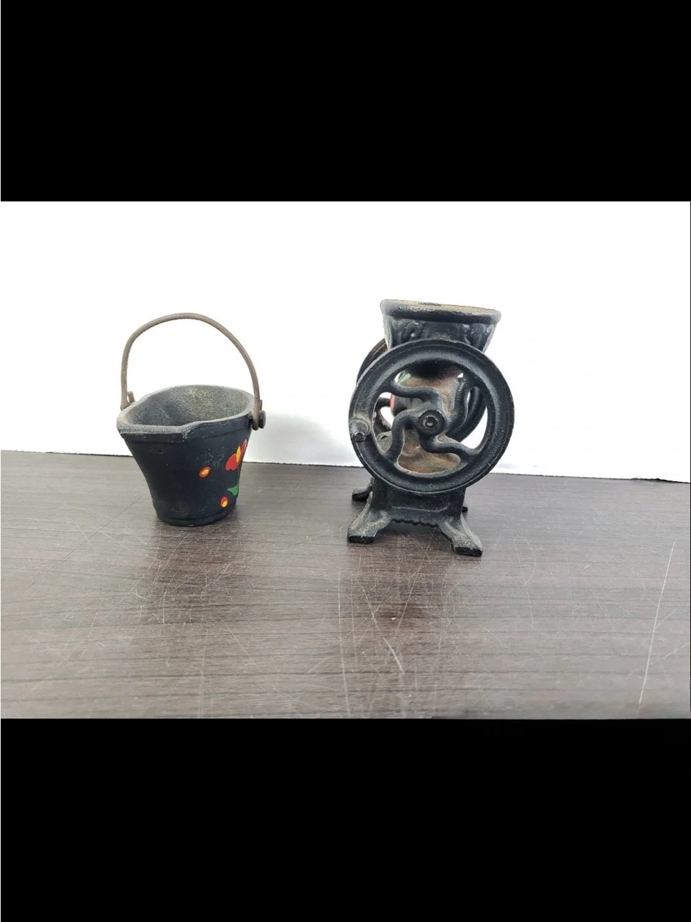 Vintage-Hand Painted Miniature Cast Iron Grinder w/Bucket Set -